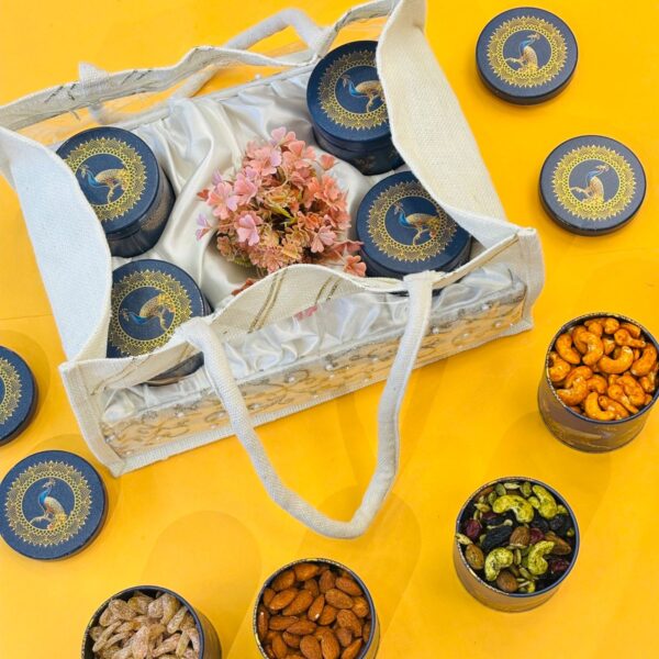 JUTE PEACOCK 4 METAL TIN EXOTIC NUTS HAMPER